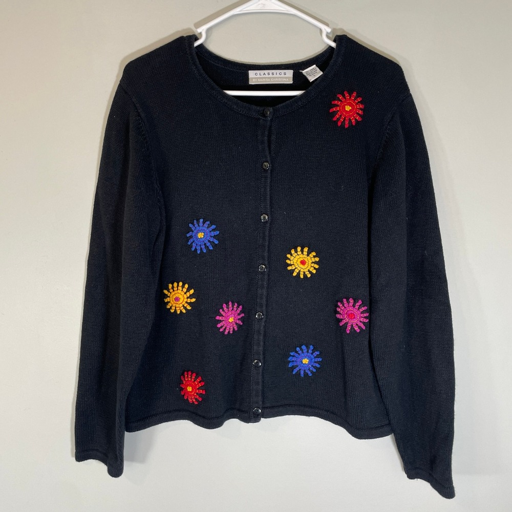 Marisa Christina Classics Black Embroidered Flower Cardigan L Y2K Artsy Teacher